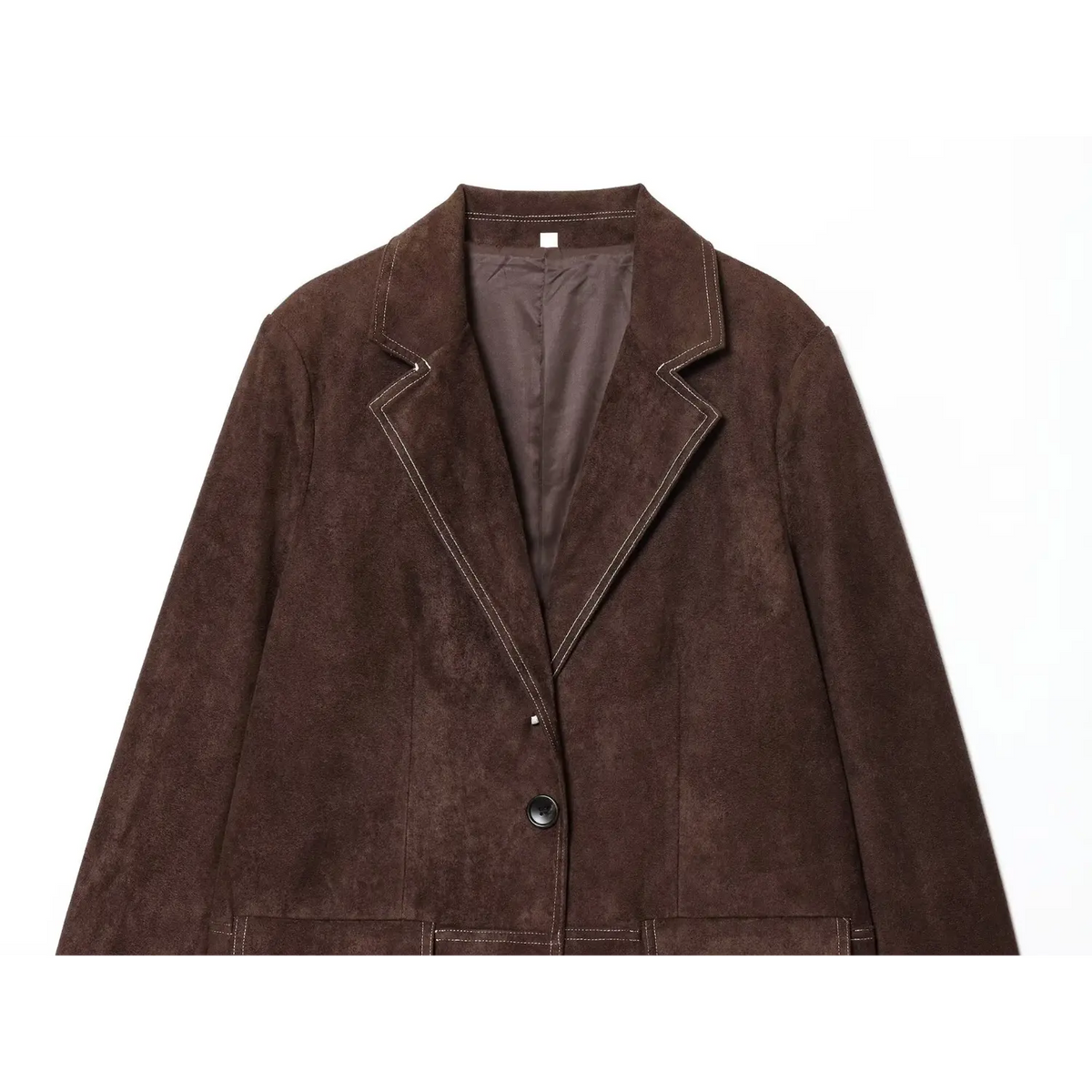 Close-up of notched lapel and contrast topstitching