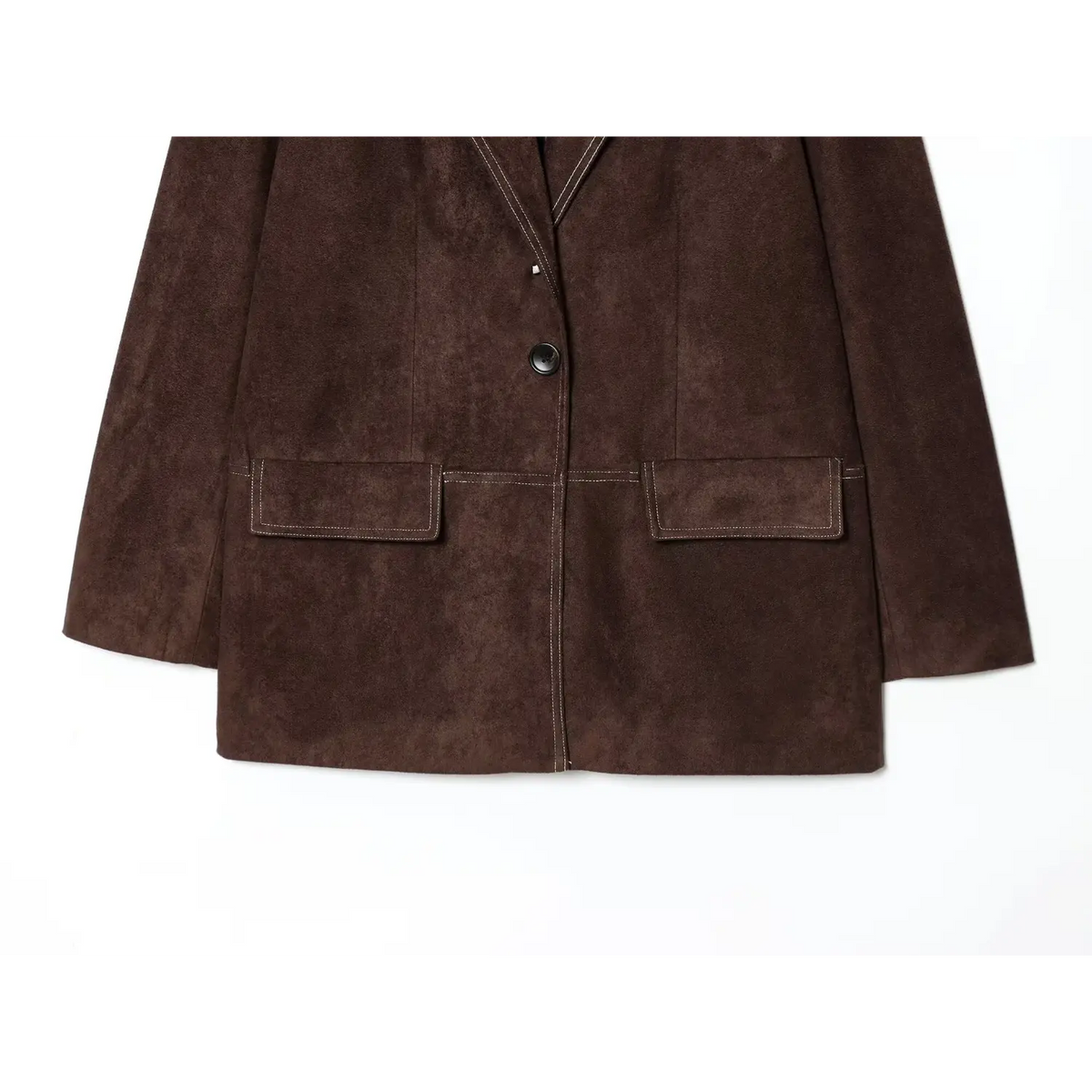 Close-up of front button and flap pockets