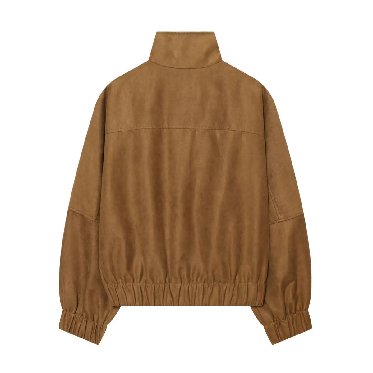 Back view of brown faux suede bomber jacket, stand collar, raglan sleeves and elasticated hem