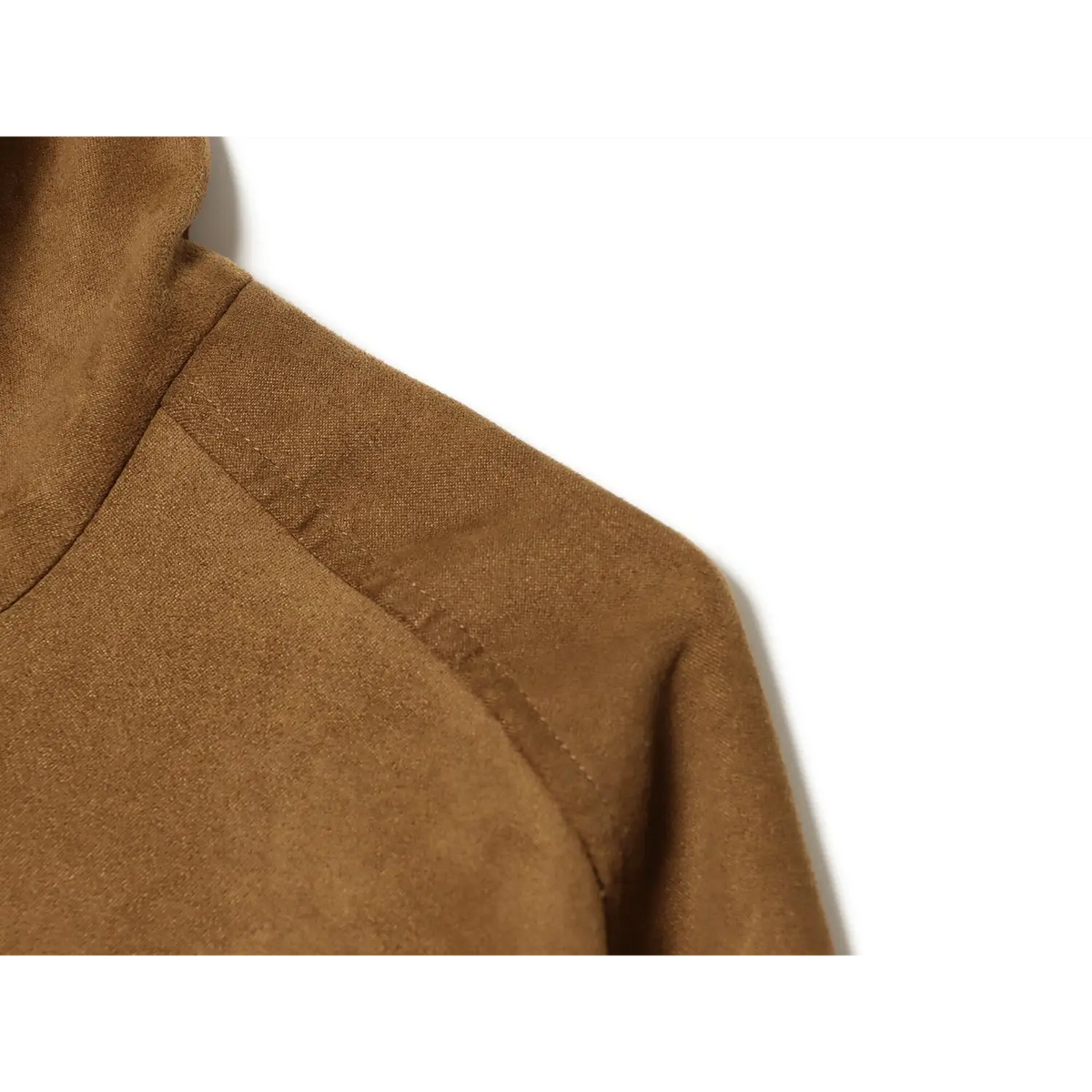 Close-up shot of raglan shoulder stitching on brown faux suede bomber jacket