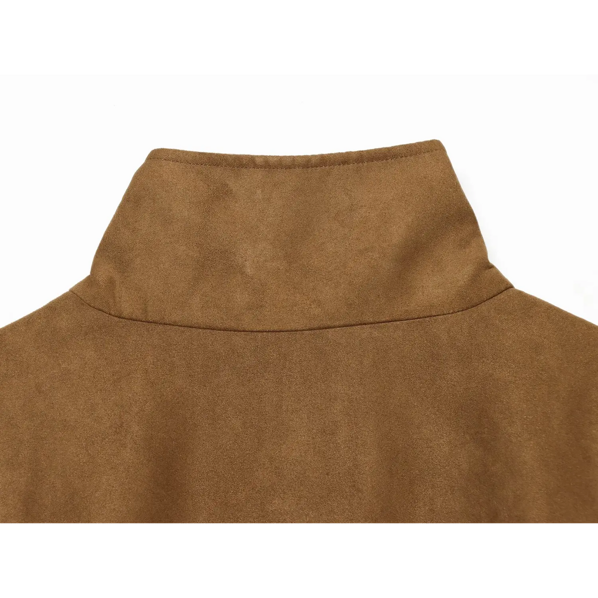 Back close-up of stand high collar on brown faux suede embroidered bomber jacket