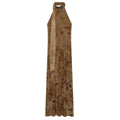 Front view brown floral chiffon halter neck maxi dress, keyhole cutout, sleeveless flowy long dress