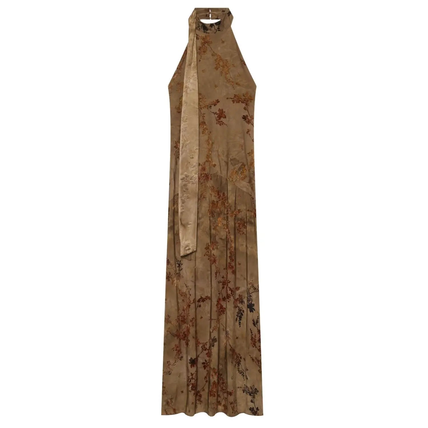 Front view brown floral chiffon halter neck maxi dress, keyhole cutout, sleeveless flowy long dress