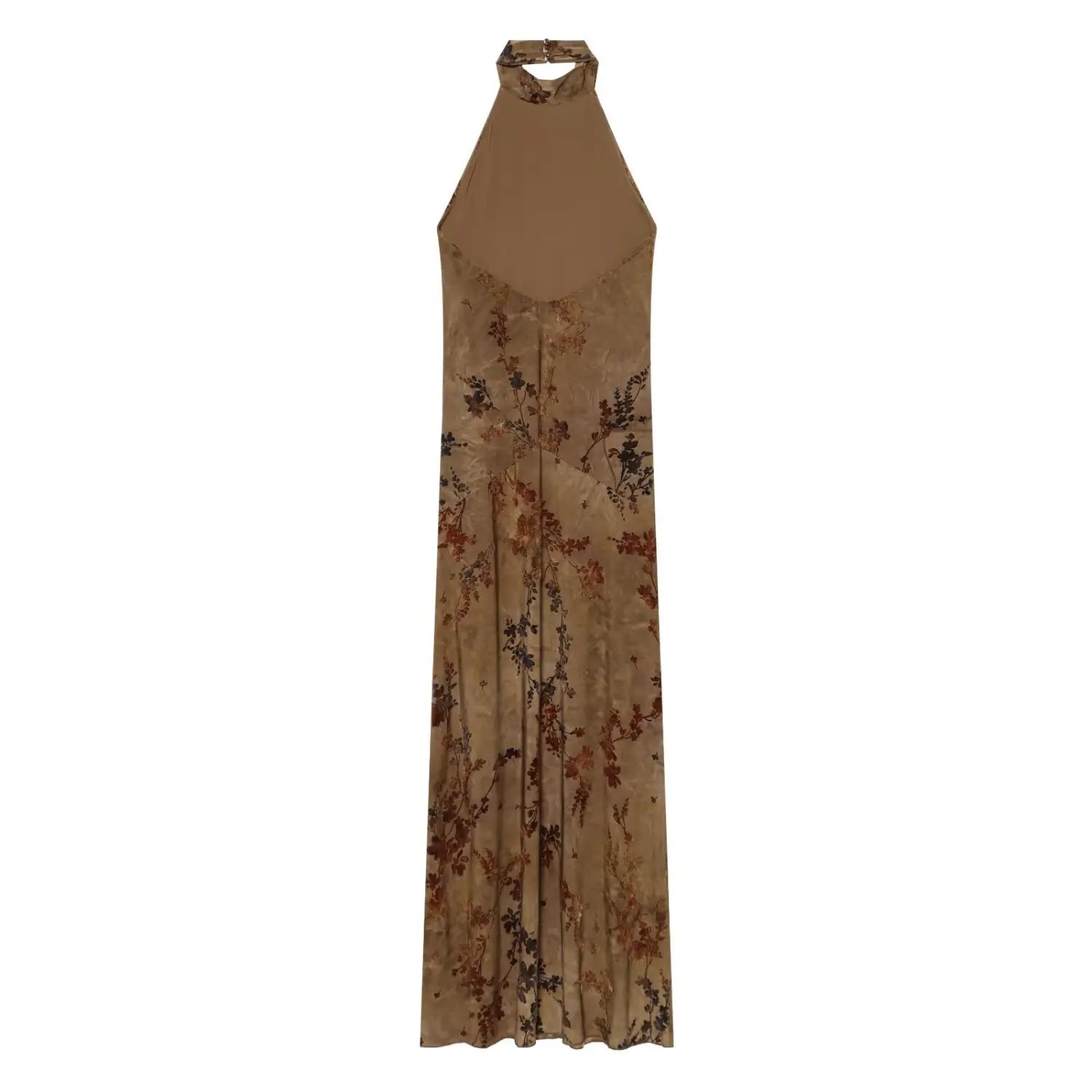 Back view brown floral chiffon halter maxi dress, back button closure, sheer layered skirt