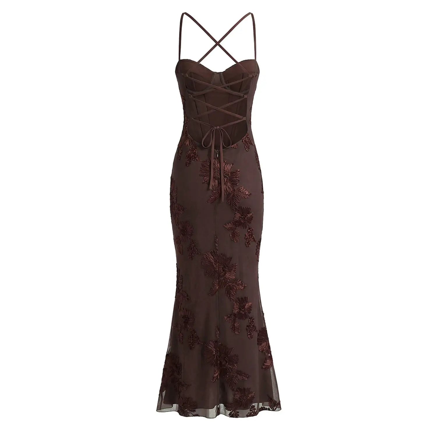 Brown floral mermaid slip dress full back white background flat lay, cross lace-up open back drawstring waist center invisible zipper nude lining slim fit back overview shot