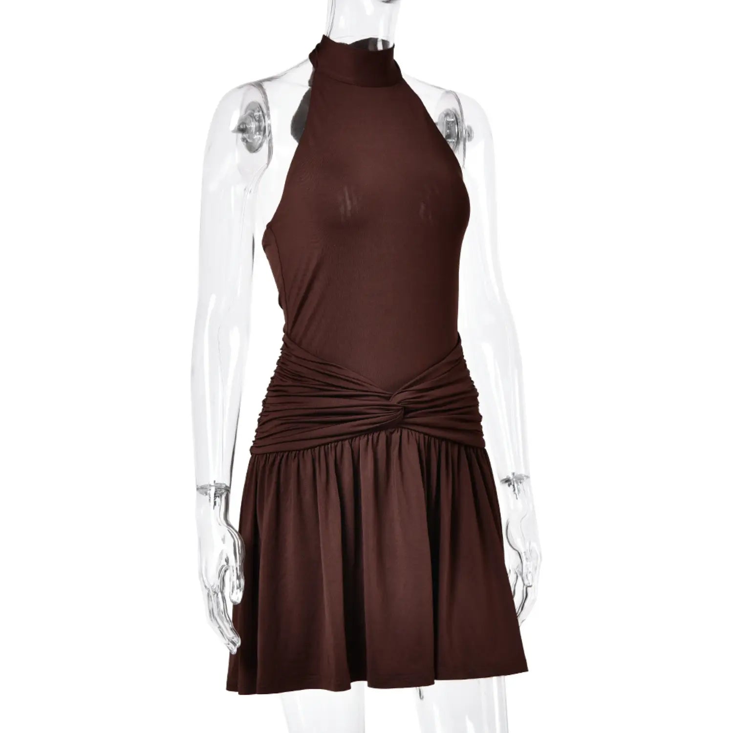 Side view shot brown sleeveless halter twist waist short dress on clear mannequin