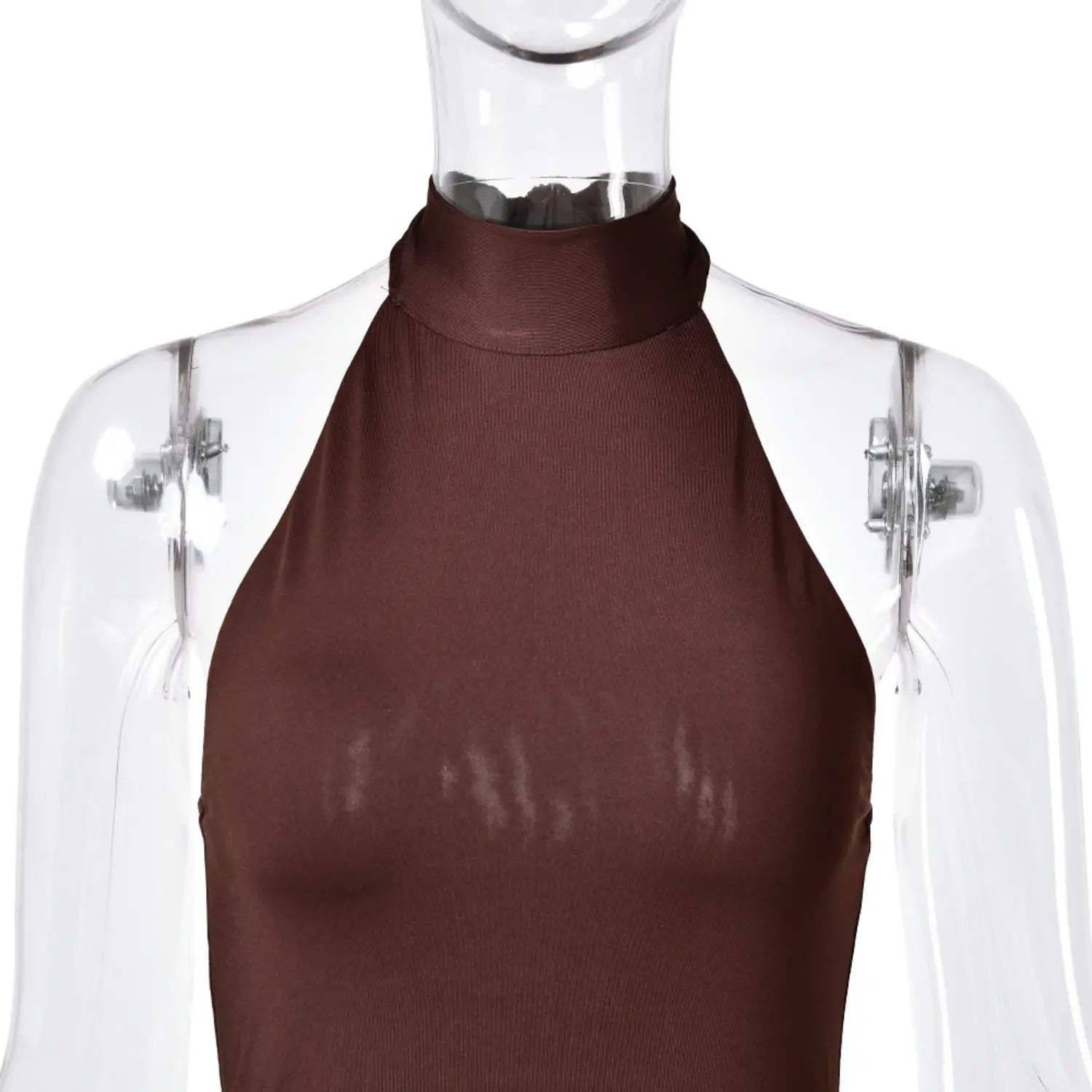 Close up front chest detail, solid brown sleeveless high halter neck mini dress