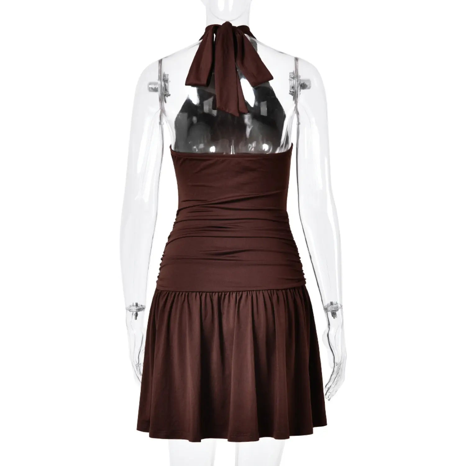 Back view of women brown halter neck twist waist ruched flowy mini dress with back tie bow