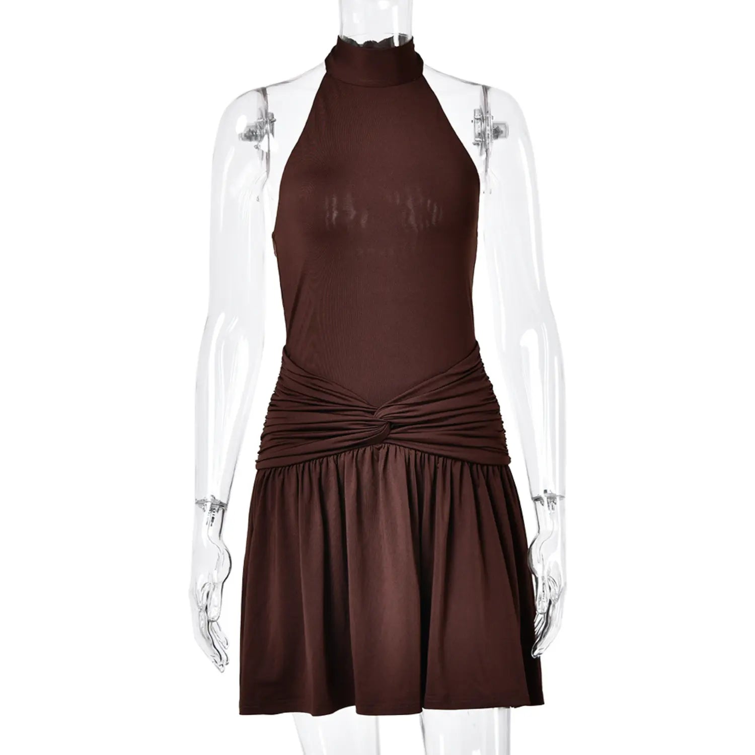Mannequin front view brown halter neck twist knot waist flowy swing mini dress