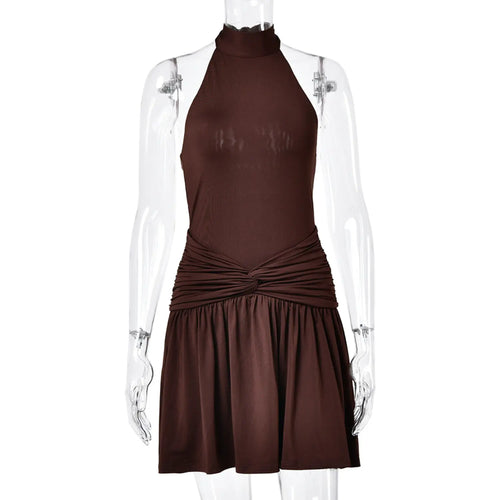 Mannequin front view brown halter neck twist knot waist flowy swing mini dress