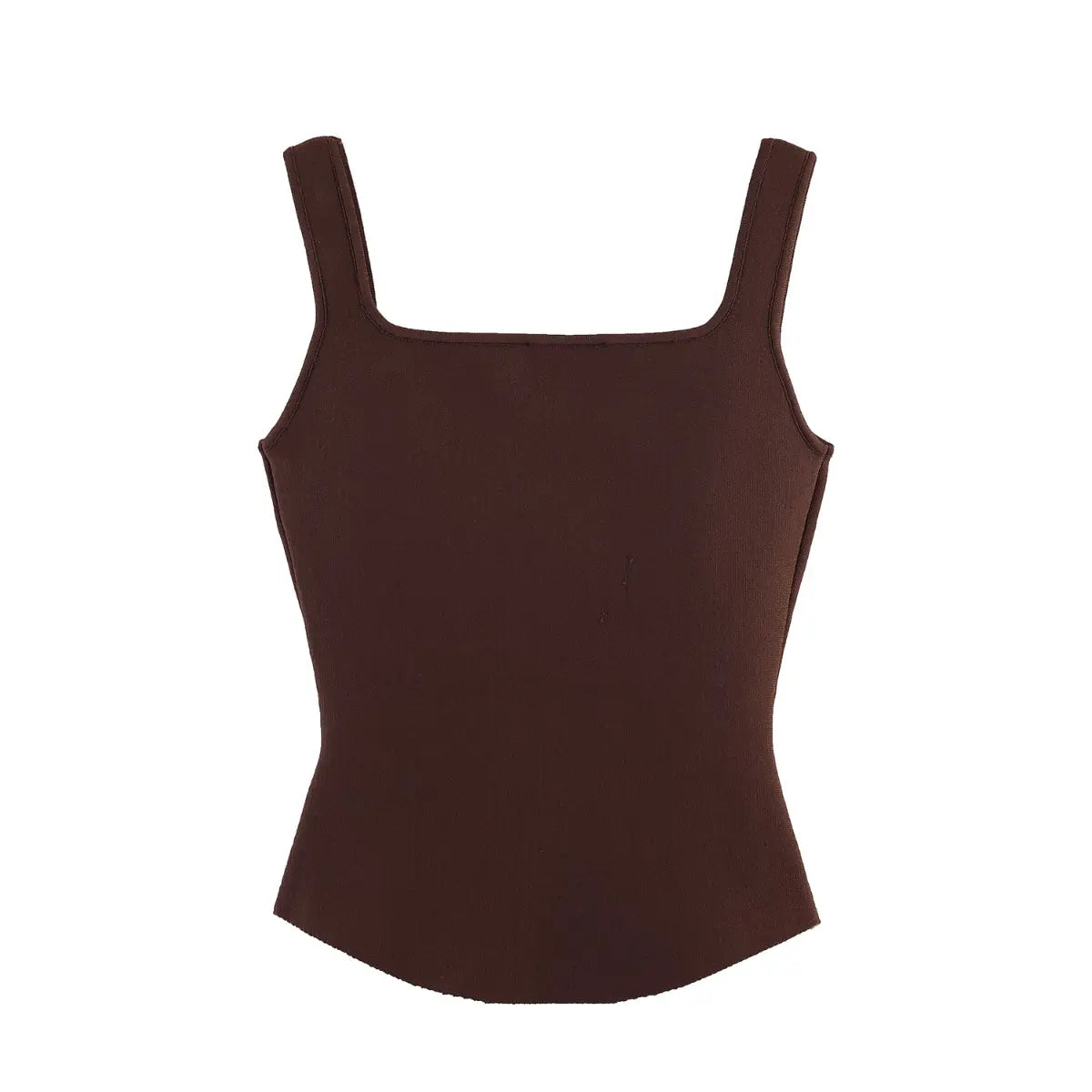 Brown square-neck knit tank top, clean back view on white background