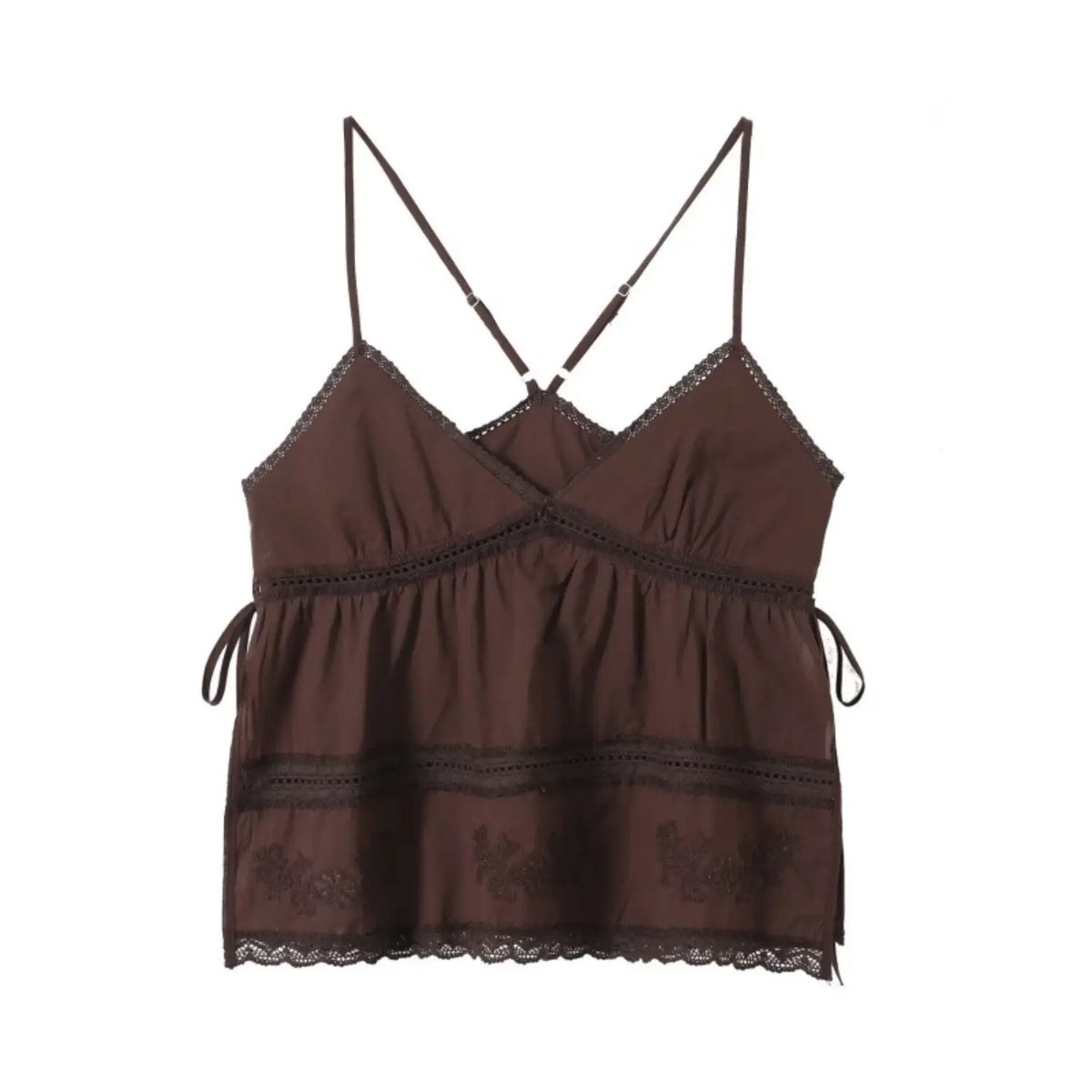 Front view brown babydoll cami top, v neck spaghetti strap, eyelet lace and floral embroidery hem