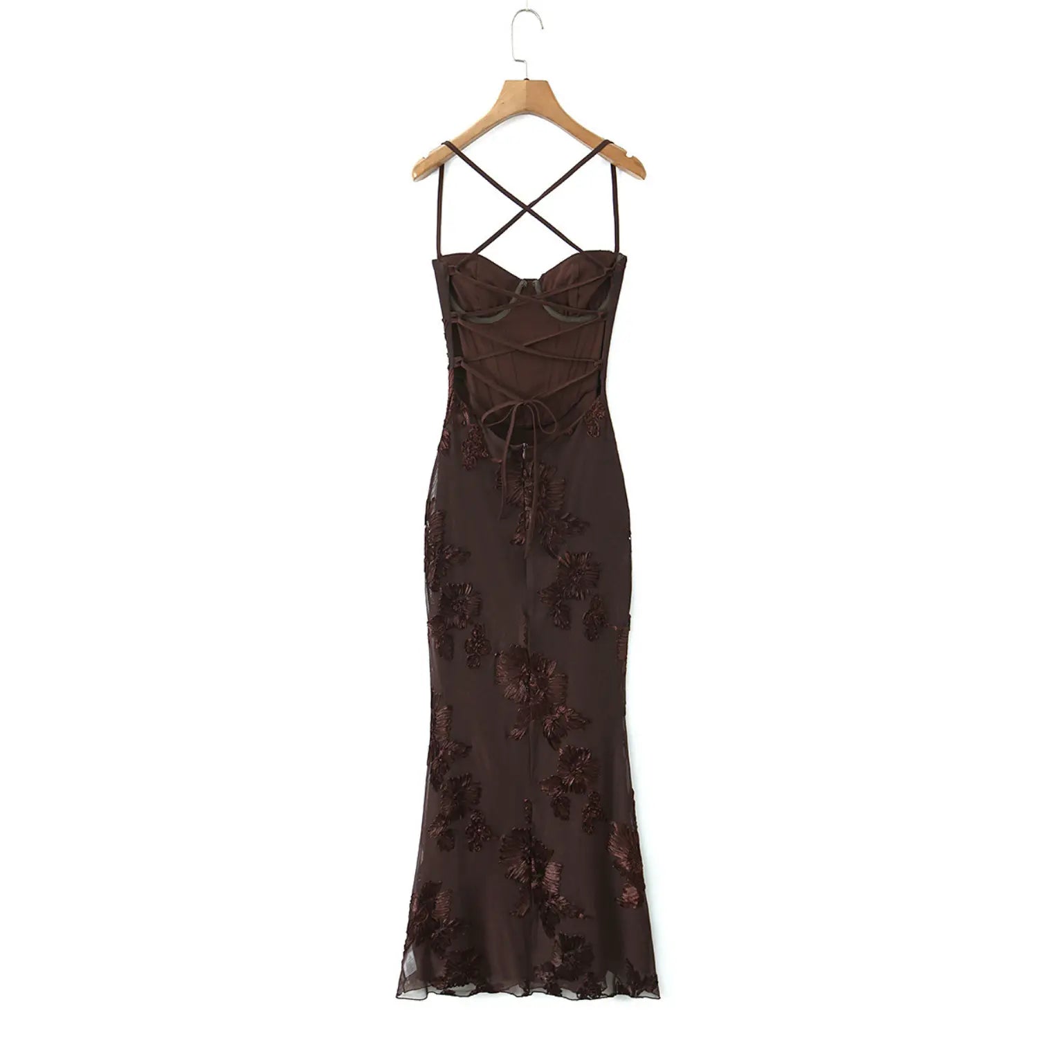 Brown mesh evening gown wooden hanger back lace-up overview shot, thin cross straps multi-layer back lace-up drawstring open back structure display