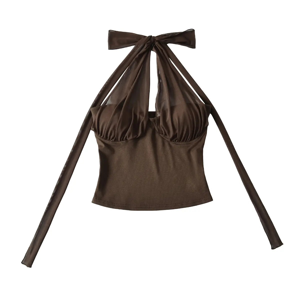 Full front view of the brown halter top, featuring a sheer mesh bow tie, overlay, and ribbed knit base.