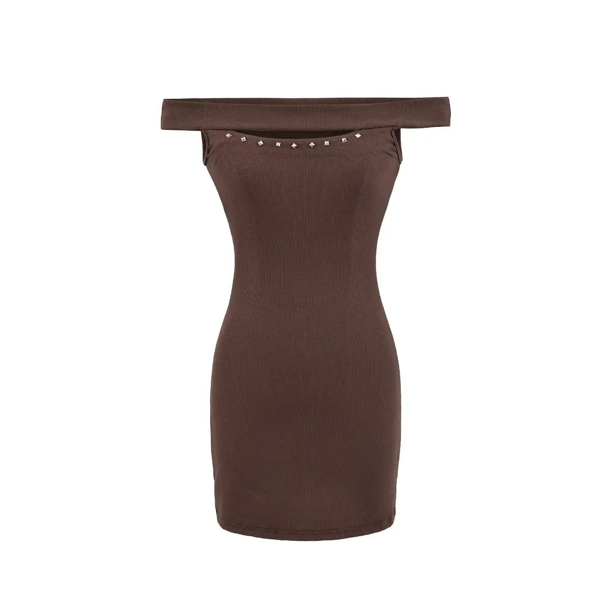 Studio product shot of a brown ribbed off-shoulder mini dress with stud details, showing the full silhouette.