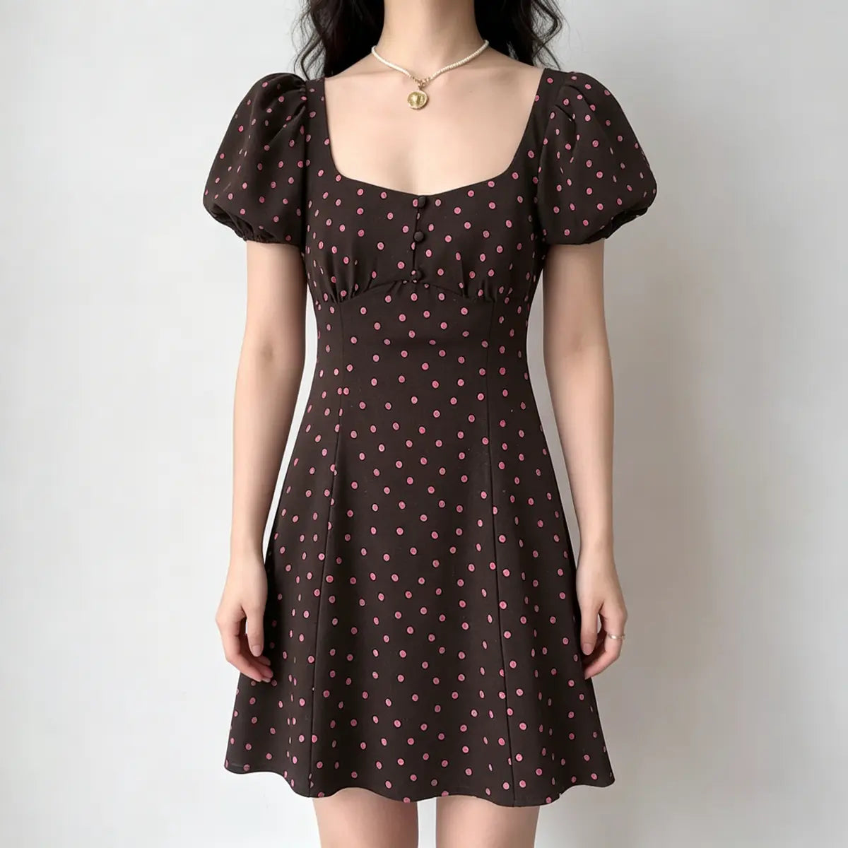 Model wearing a brown and pink polka dot mini dress with a square neckline, puff sleeves, and a buttoned bodice.