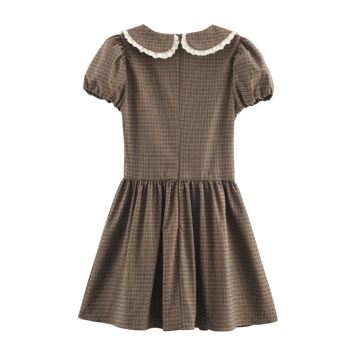 Back view of a brown, black, and beige plaid dress with a large sailor collar, puff sleeves, and a gathered skirt.
