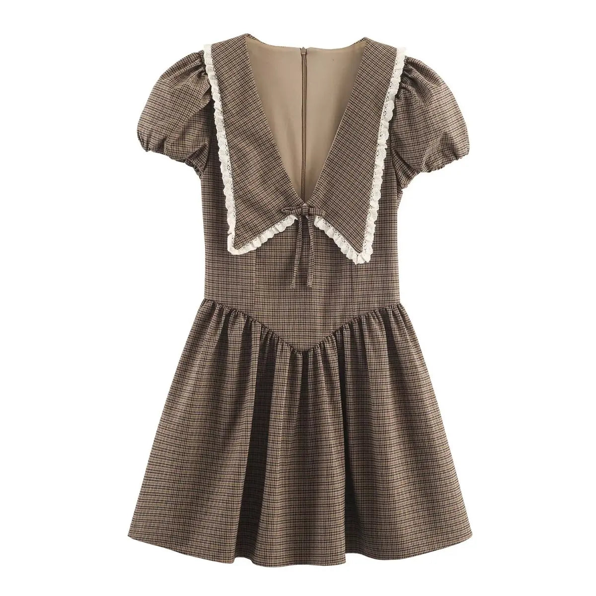 Front view of a brown, black, and beige plaid dress with a large sailor collar trimmed in white lace, puff sleeves, and a gathered skirt.