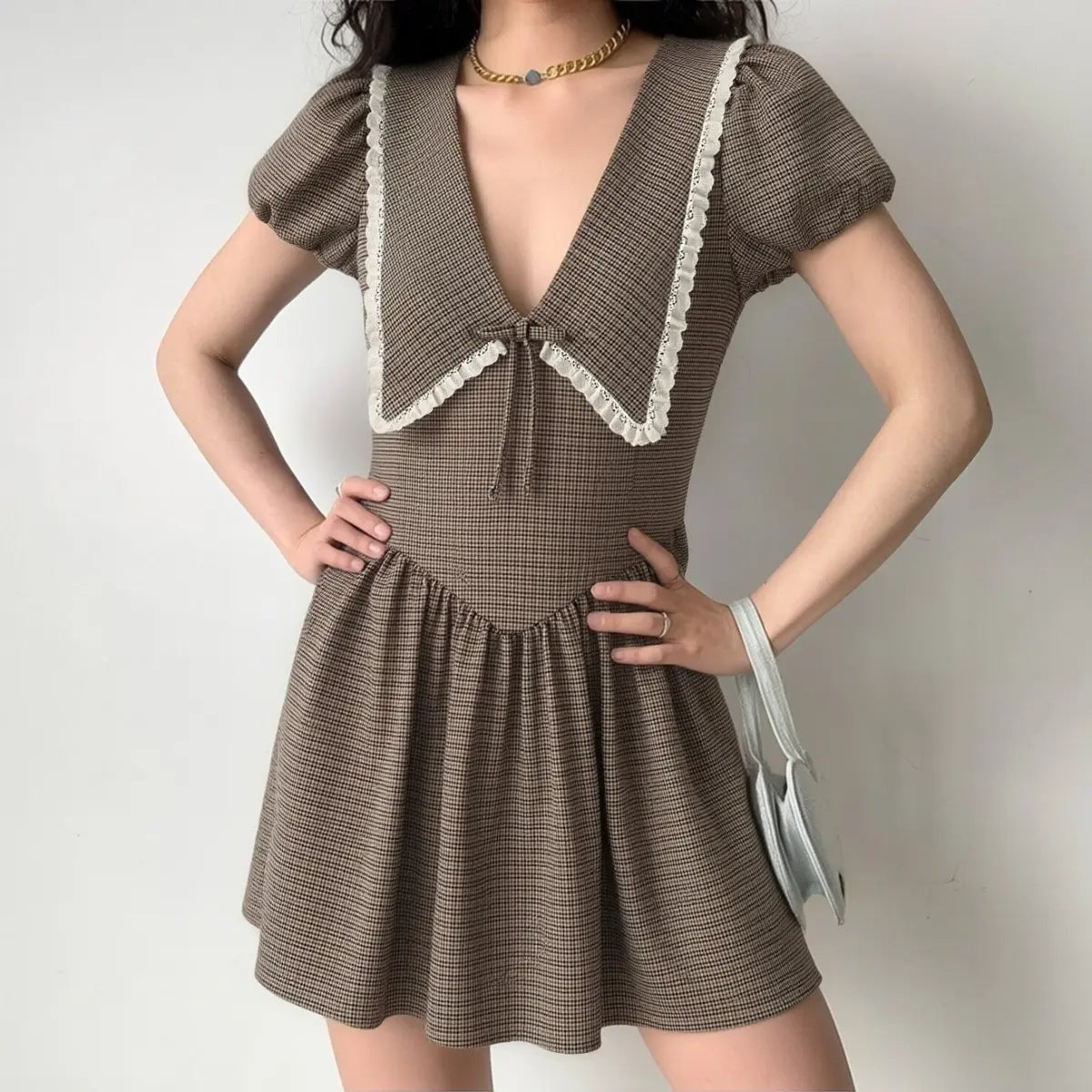 Brown Plaid Mini Dress with Lace Trimmed Sailor Collar