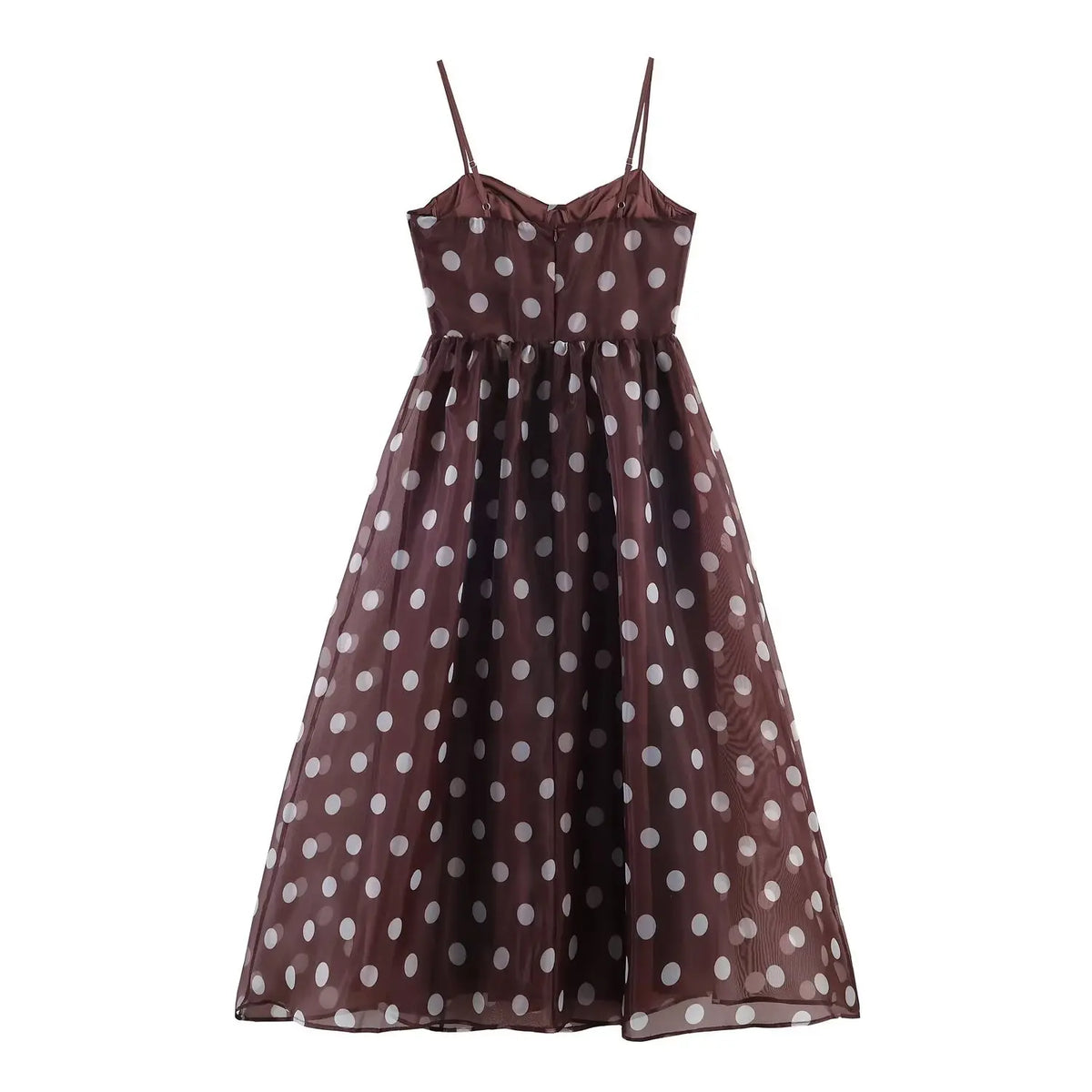 Back view of brown white polka dot maxi dress, sweetheart back neck, fitted bust, voluminous long skirt