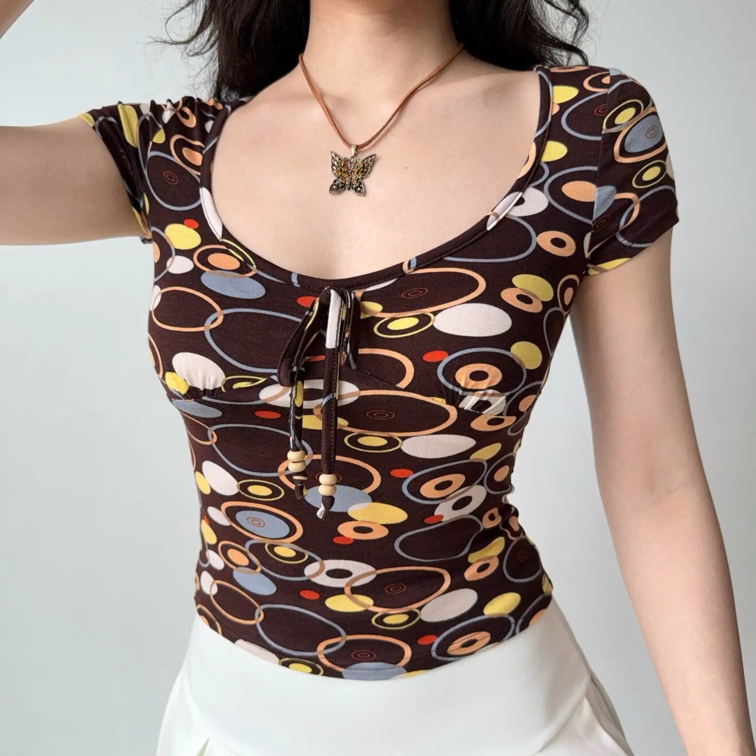 Retro brown oval circle print short sleeve crop top, low square neck with wooden bead drawstring tie, slim fitted y2k vintage women tee