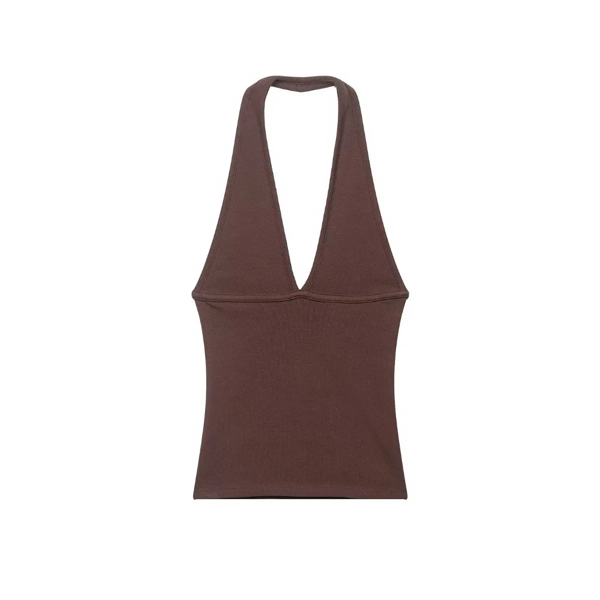 Front view of deep V neck ribbed halter top in brown color, stretchy knit fabric and slim fitted design for women casual wear.