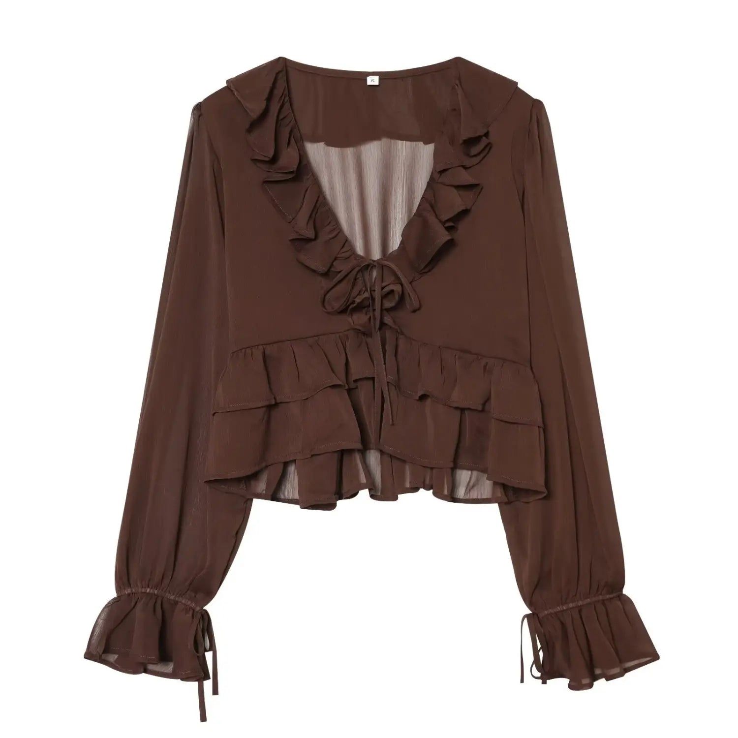 Brown ruffle V neck sheer chiffon crop top front plain white flat lay, double layer ruffle V bust adjustable front tie layered ruffle hem puff tie flare long sleeve vintage moody cropped blouse hero shot