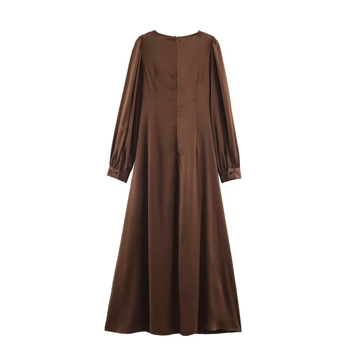 Back full shot brown satin maxi dress with back zipper long balloon sleeve
