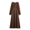Front full view brown satin maxi dress with lace trim v‑neck long puff sleeve