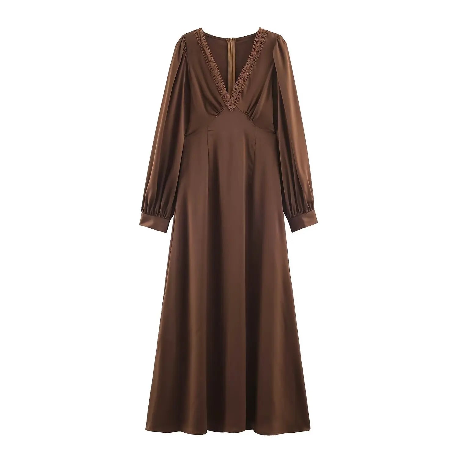 Front full view brown satin maxi dress with lace trim v‑neck long puff sleeve