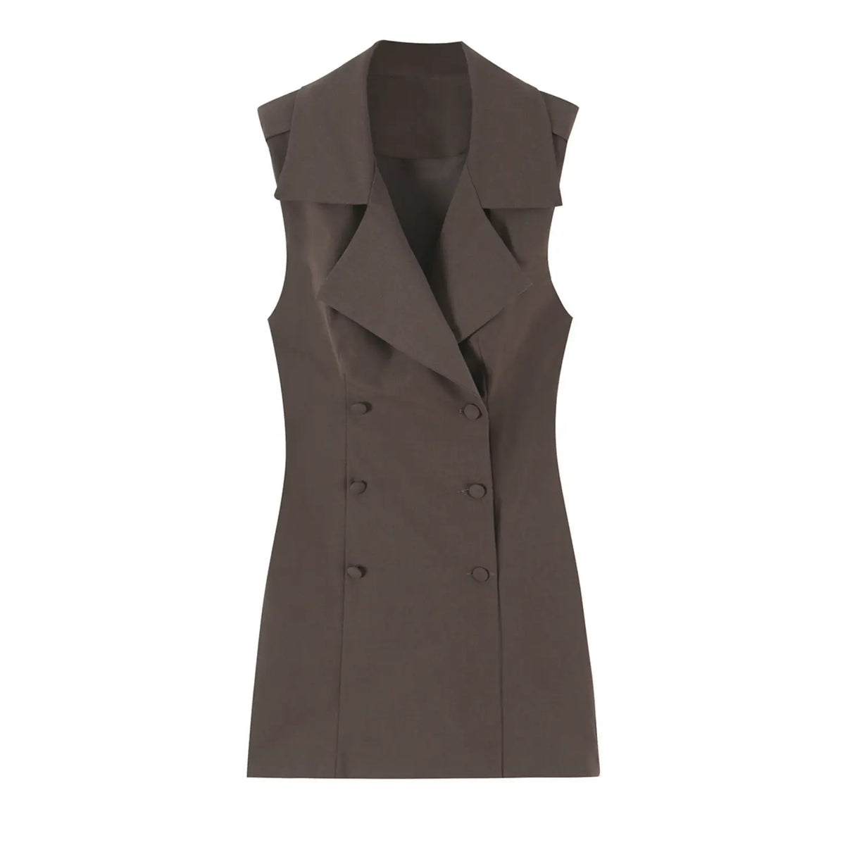 Front flat lay of brown sleeveless blazer double breasted mini dress