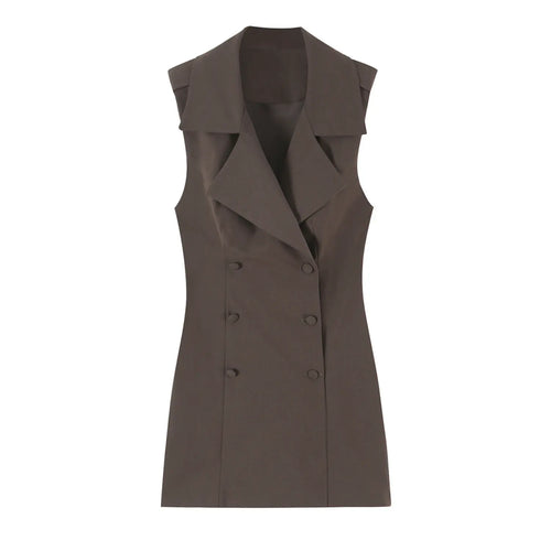 Front flat lay of brown sleeveless blazer double breasted mini dress