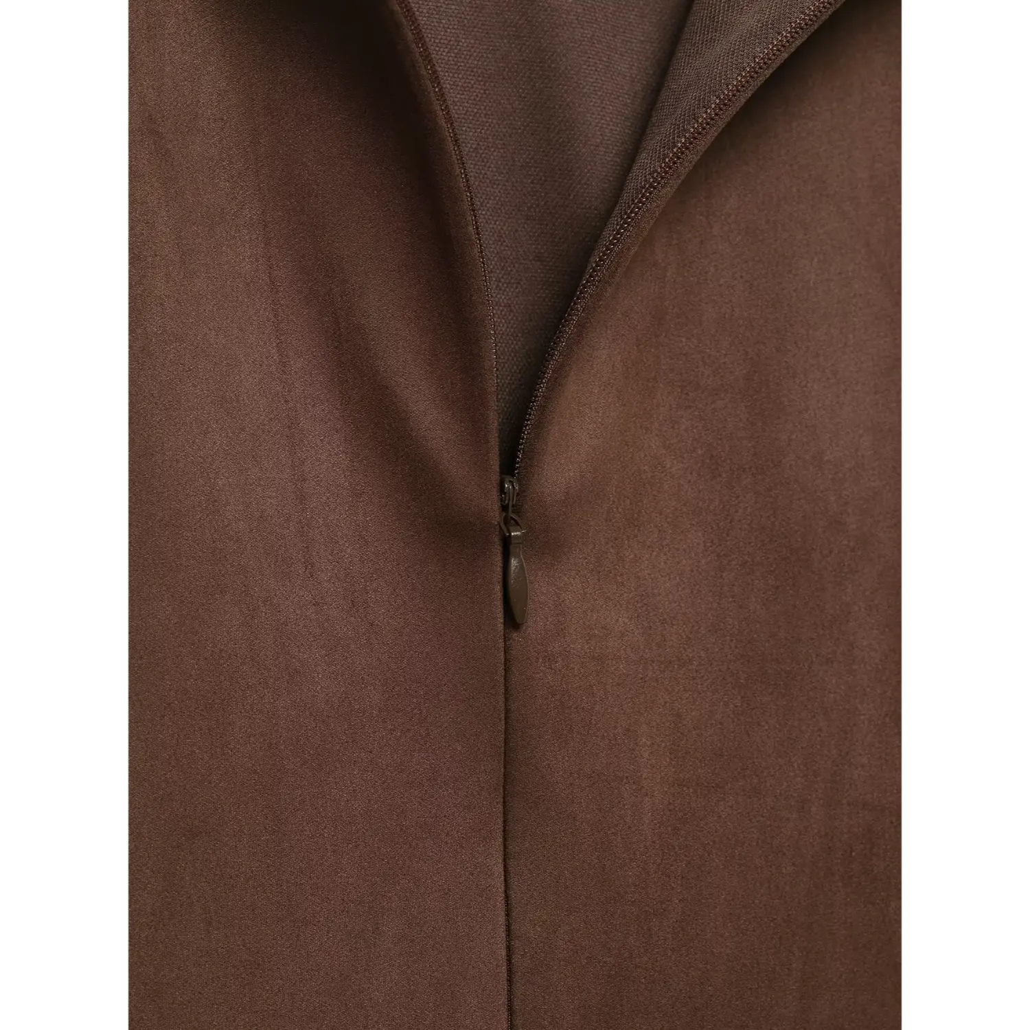 Close-up of invisible rear zipper on brown faux suede sleeveless dress