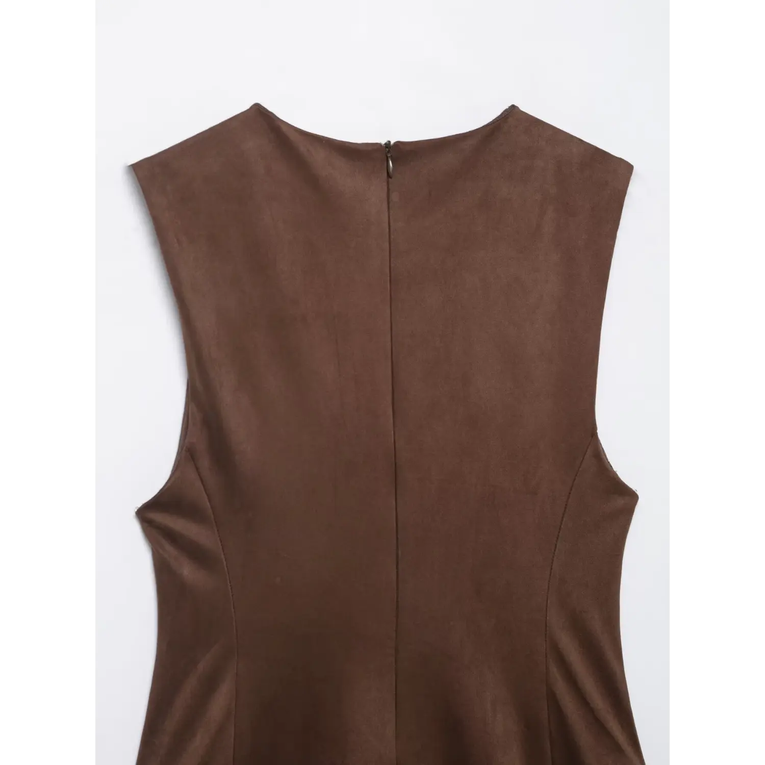Close-up of crew neck and back zipper on brown sleeveless faux suede mini dress