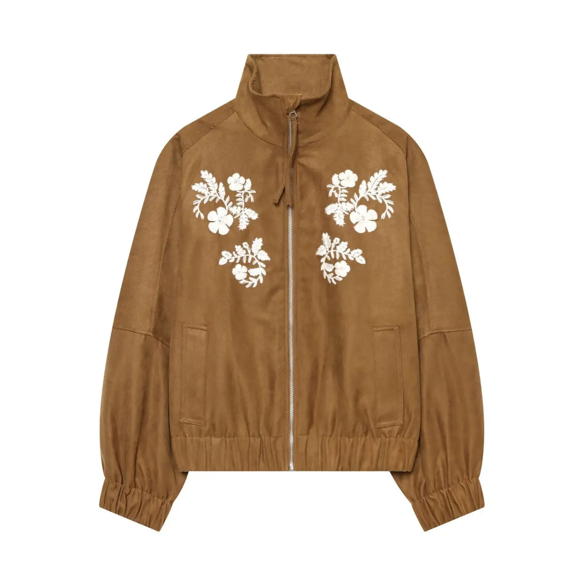Front view of brown faux suede bomber jacket with white floral embroidery, stand collar, full zipper and elastic hem