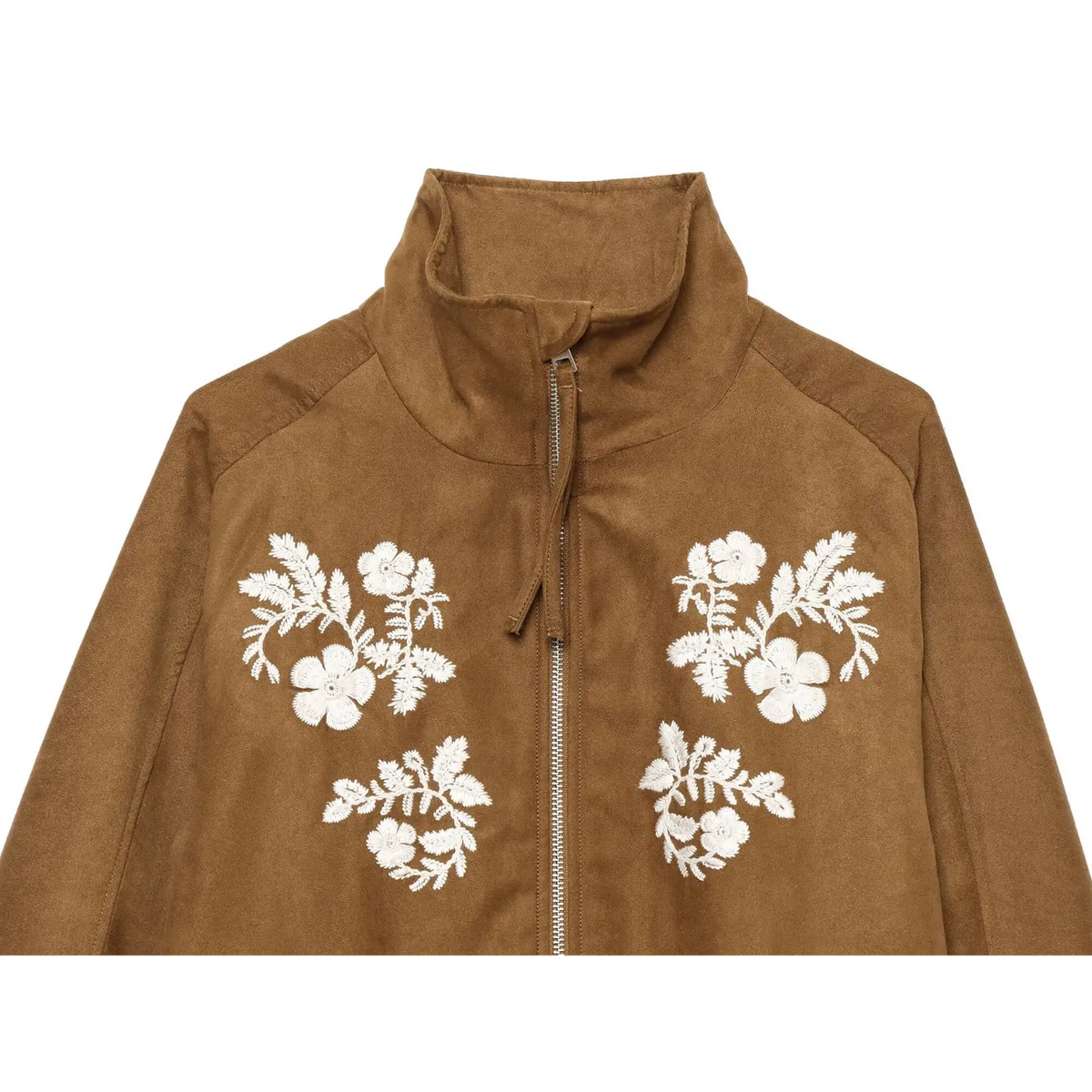 Chest closeup of brown faux suede jacket with detailed white floral embroidery, stand collar and front zipper