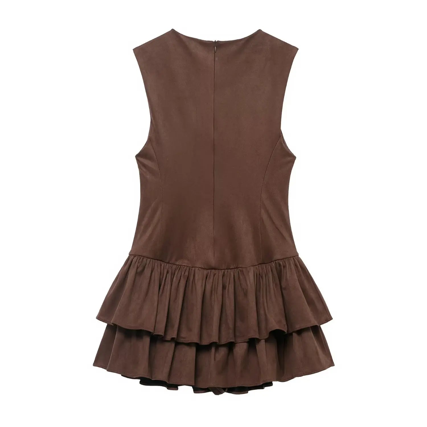 Back view isolated white background, brown faux suede sleeveless dress with rear zipper and layered ruffle skirt