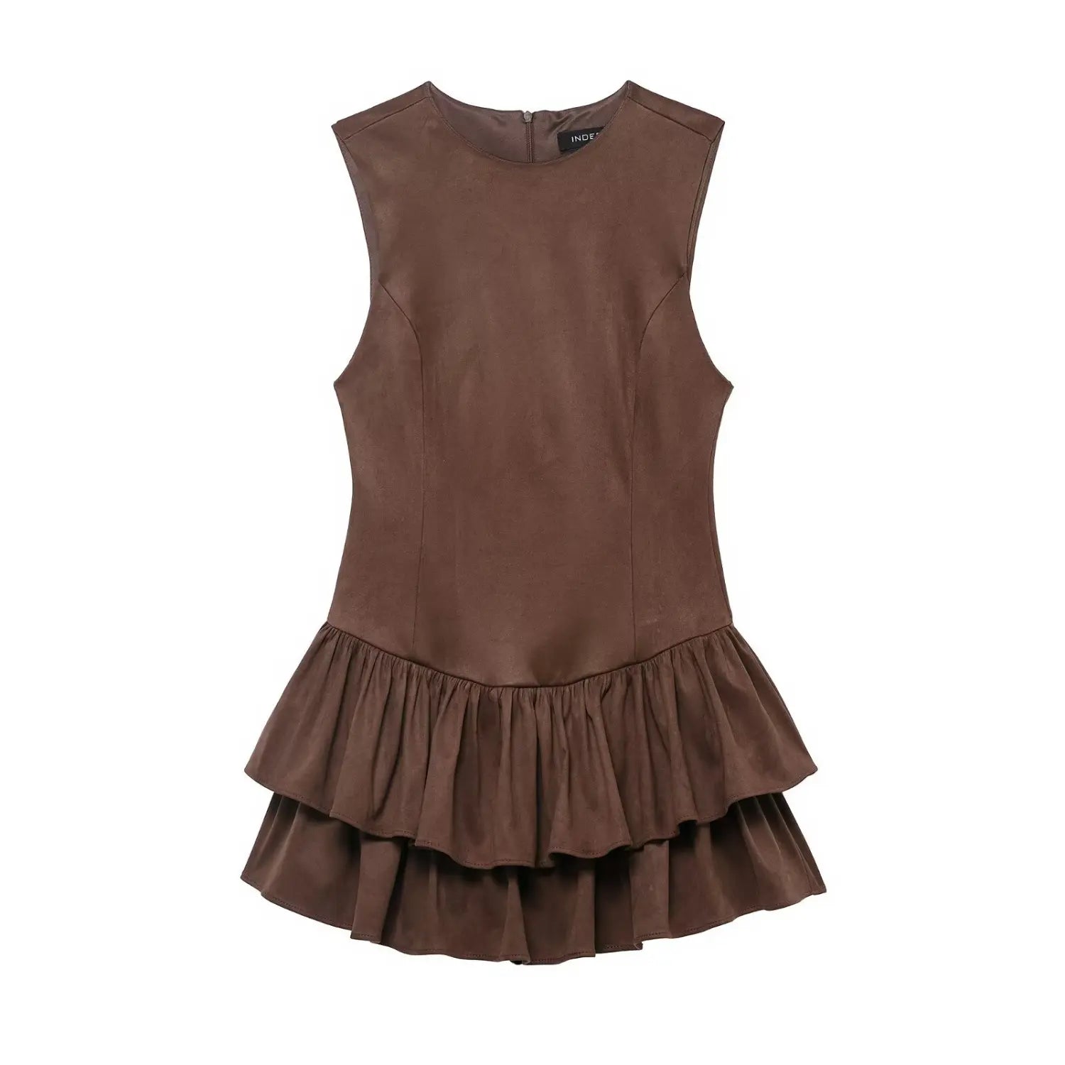 Front view isolated white background, brown faux suede sleeveless mini dress with double tiered ruffle hem
