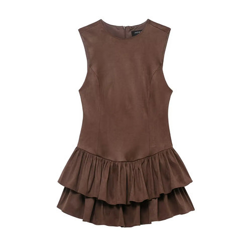 Front view isolated white background, brown faux suede sleeveless mini dress with double tiered ruffle hem