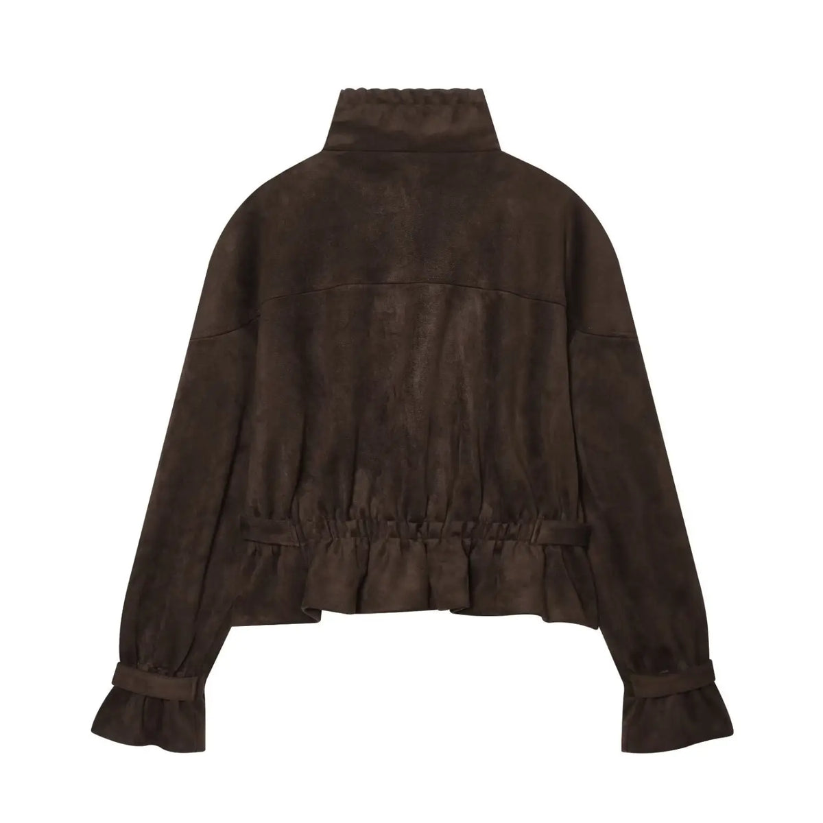 Back flat lay of brown suede zip up cropped peplum jacket