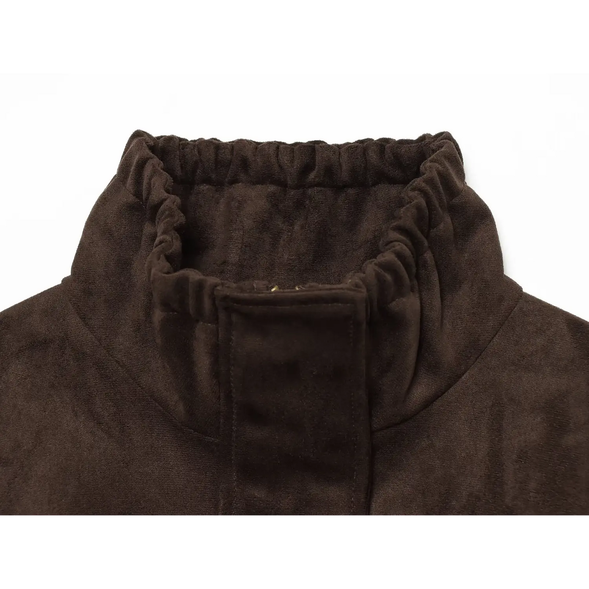 Close-up of elasticated stand collar, zip and snap