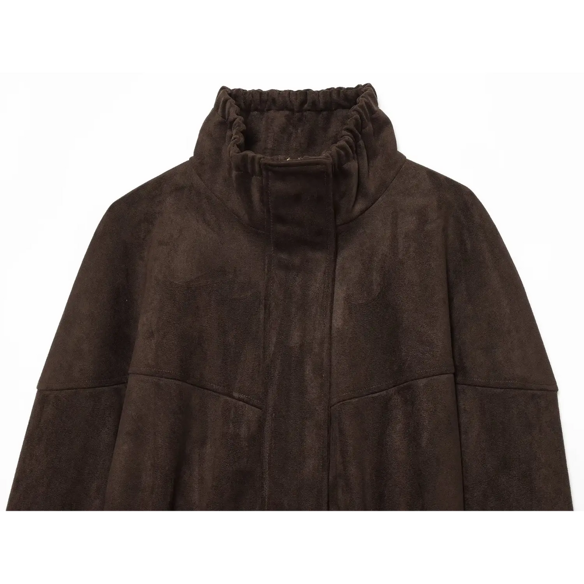 Front close-up of brown suede stand collar zip up jacket