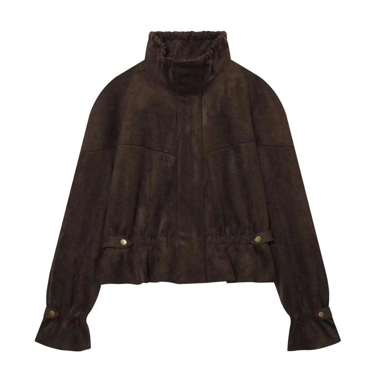 Front flat lay of brown suede zip up cropped peplum jacket