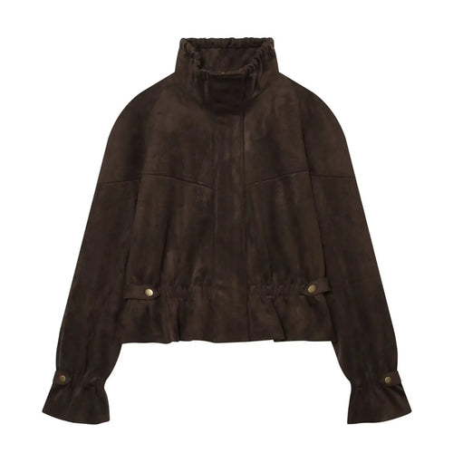 Front flat lay of brown suede zip up cropped peplum jacket
