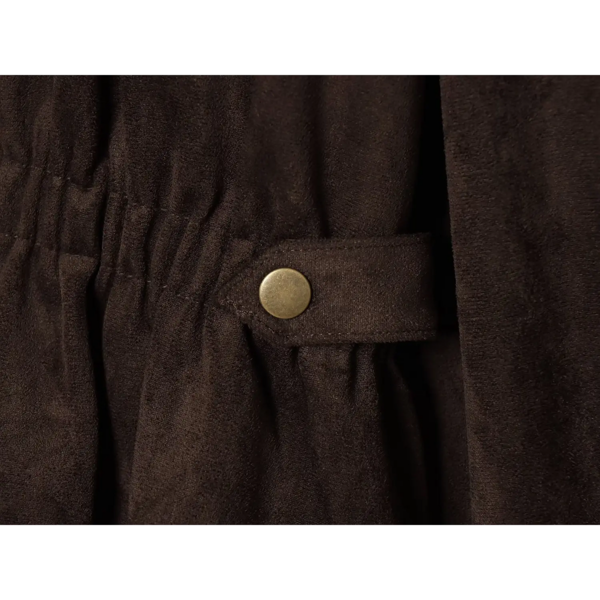 Close-up of waist strap tab and brass snap button