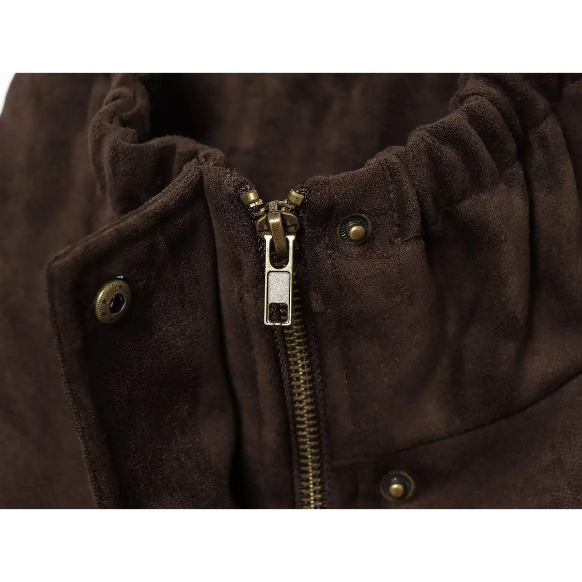 Close-up of front zip and collar snaps