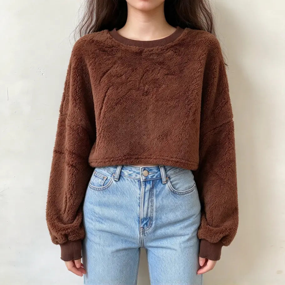 Model wearing brown teddy fleece crew neck cropped sweatshirt with jeans, front view