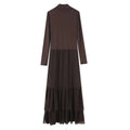 Back flat lay of brown turtleneck ruffle tiered midi dress