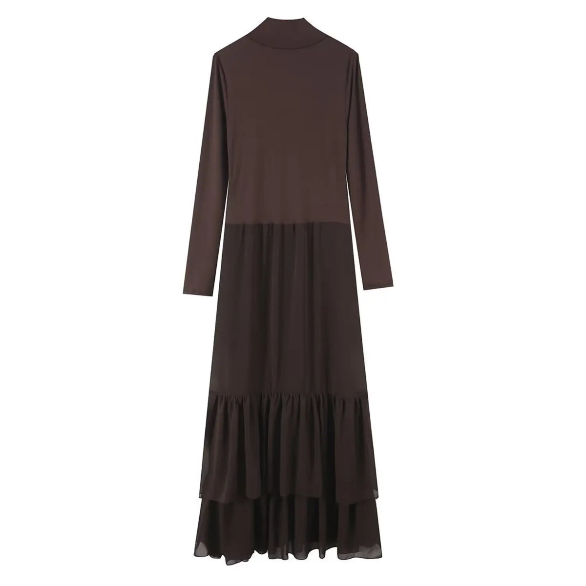 Back flat lay of brown turtleneck ruffle tiered midi dress