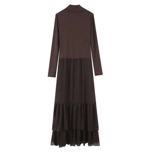 Back flat lay of brown turtleneck ruffle tiered midi dress